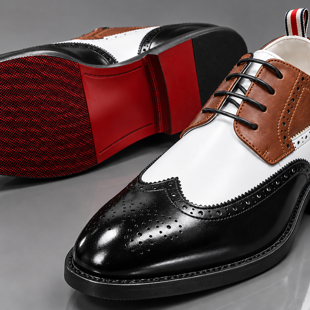 Detail — Red sole flashing under a three-tone brogue