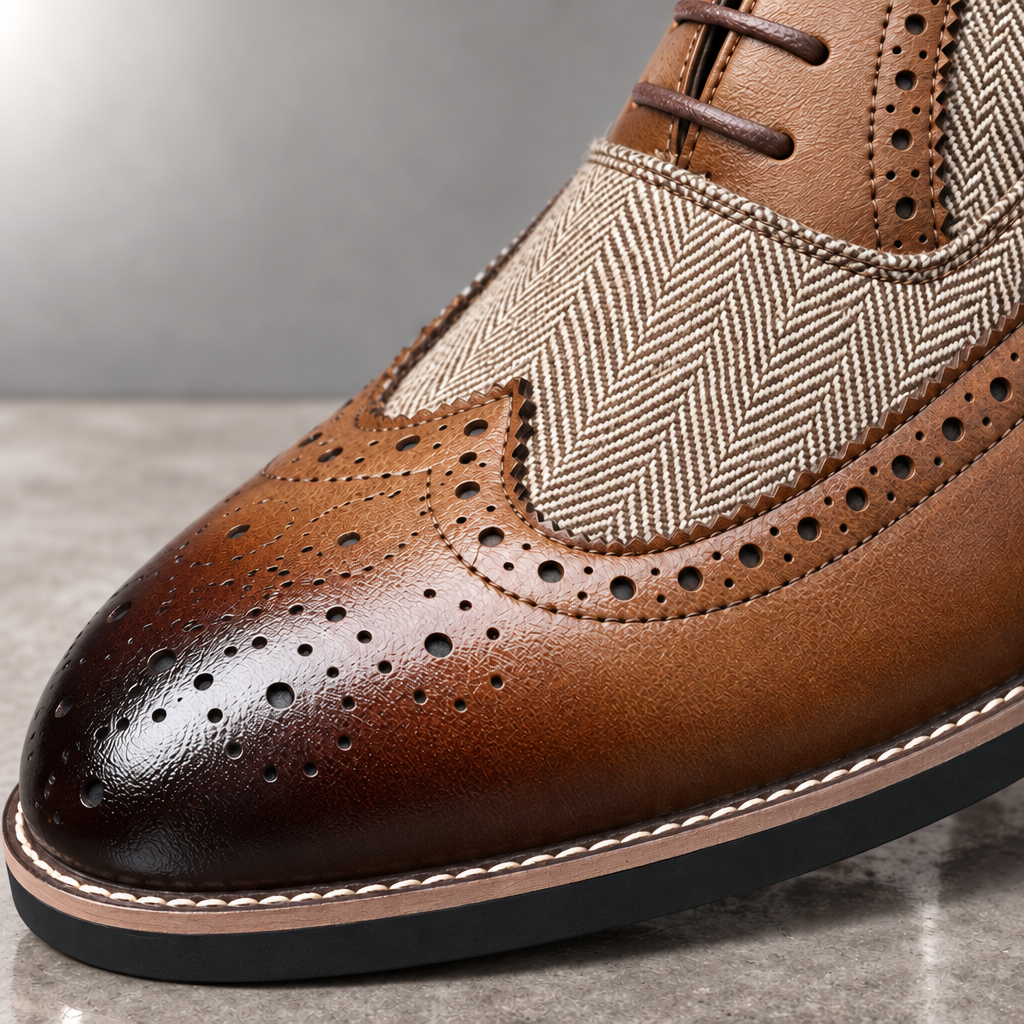 Macro — extreme close-up — Burnished gradient wingtip toe with brogue punching
