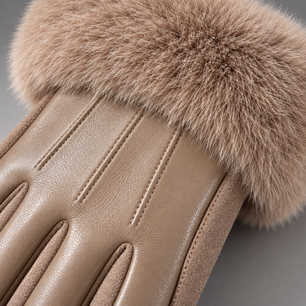 Macro — extreme close-up — Plush colour-matched taupe-beige faux fur cuff