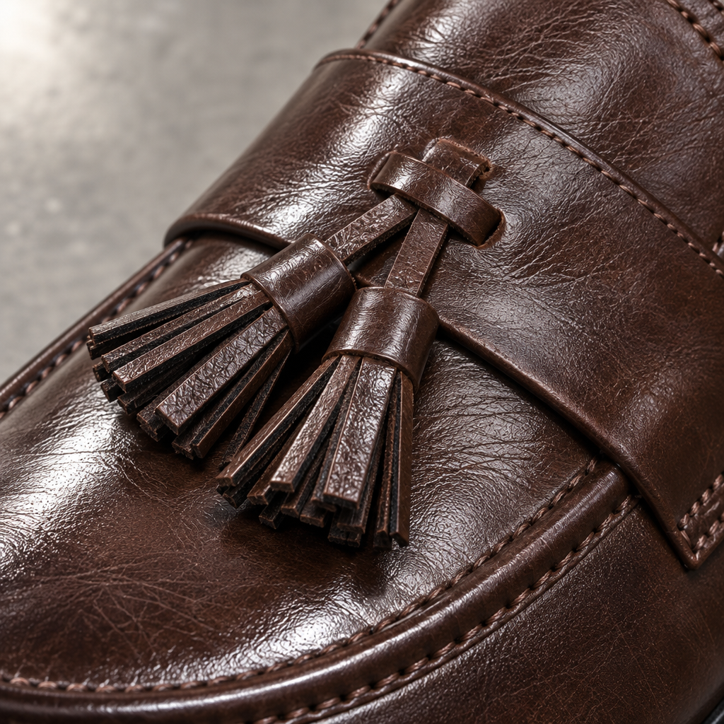 Macro — extreme close-up — Twin dark brown leather tassels on the vamp