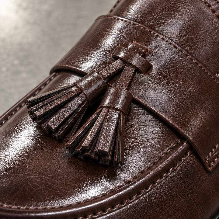 Macro — extreme close-up — Twin dark brown leather tassels on the vamp